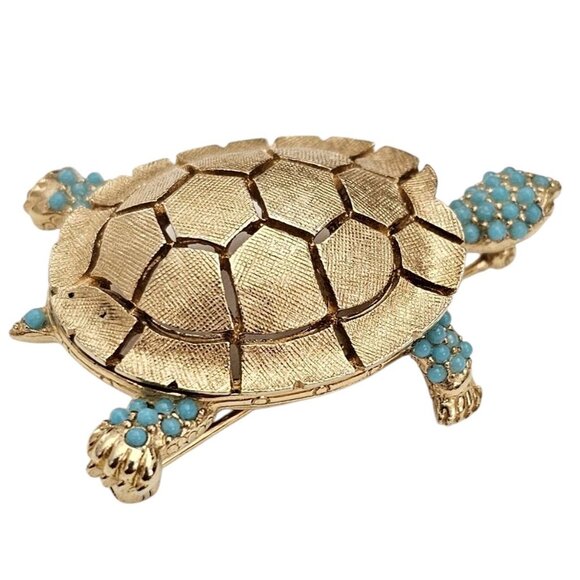 Ciner Turtle Brooch Blue Ballotini  Gold Tone Textured Pin Signed, J63 - Picture 5 of 8
